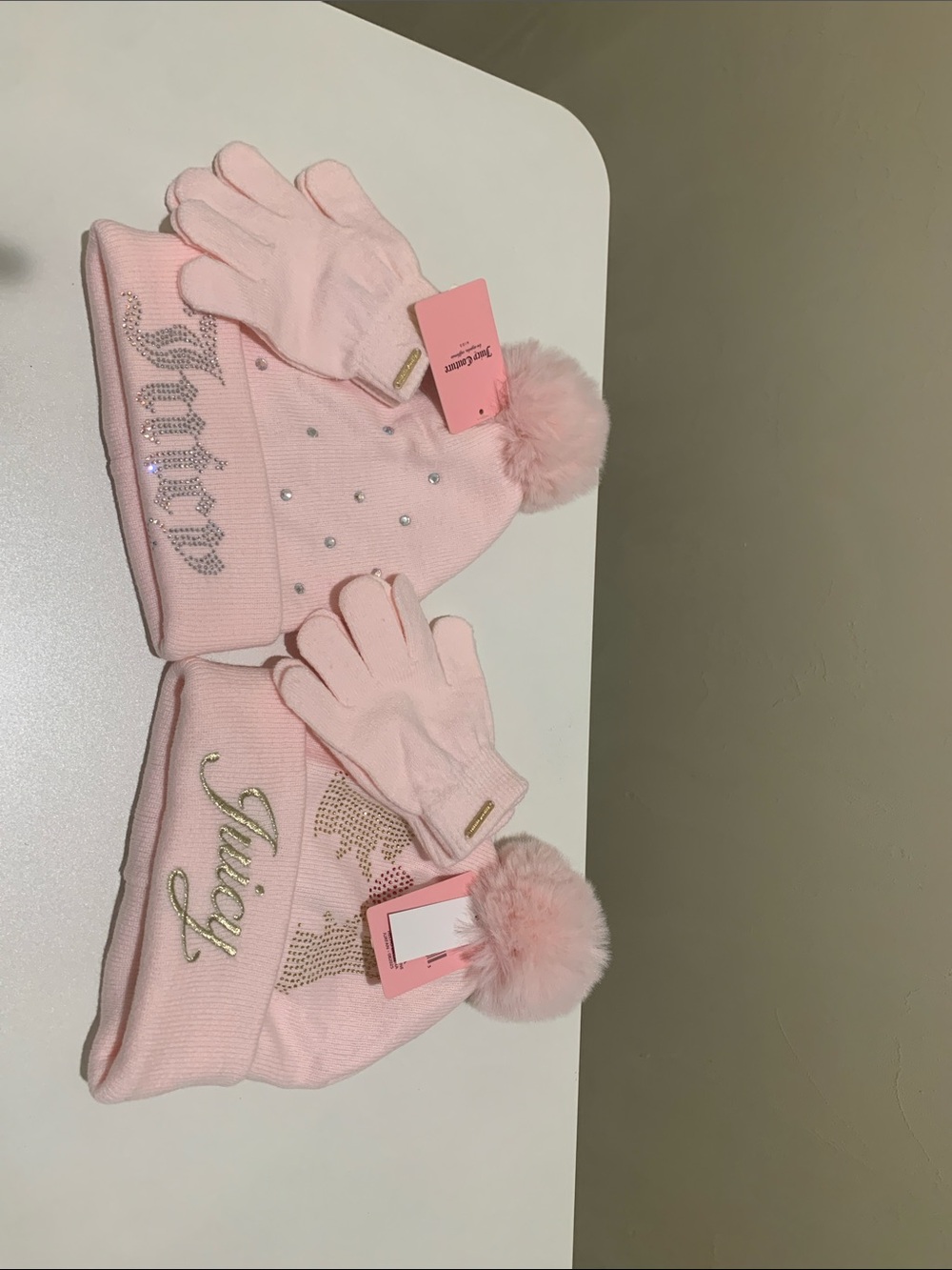 Juicy Couture Pink Pom-Pom Beanie & Glove Set with Rhinestone Logo